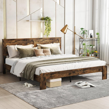 Rustic Vintage King Bed Frame with Headboard,Wooden Platform Bed Frame King with Wood Slats,Easy Assembly,Dark Brown