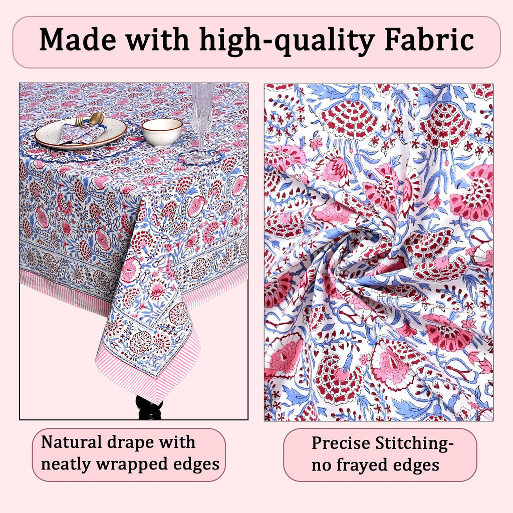 Blue & Pink Hand Block Print Square Tablecloth 60x60 Inch
