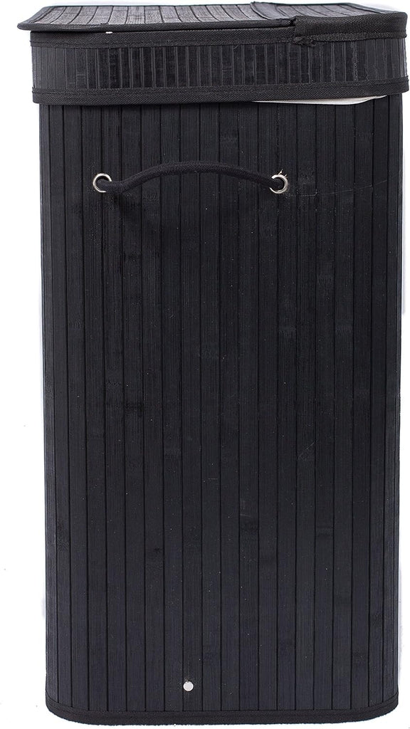 Double Laundry Hamper with Lid and Cloth Liner - Bamboo - Black - Easily Transport Laundry Basket - 2 Section