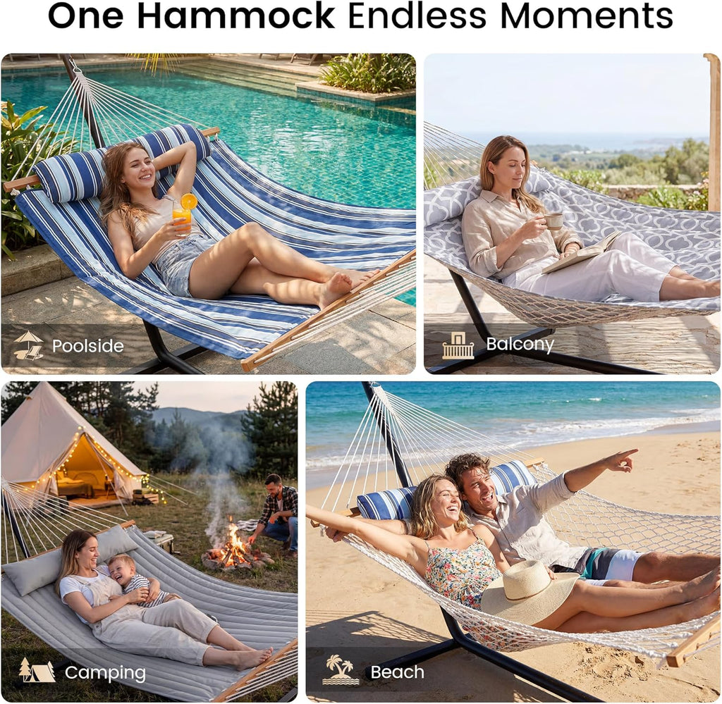 2 Person Hammock with Stand, Heavy Duty Double Cotton Rope Hammock with Removable Quilted Pad & Pillow, 500 LBS