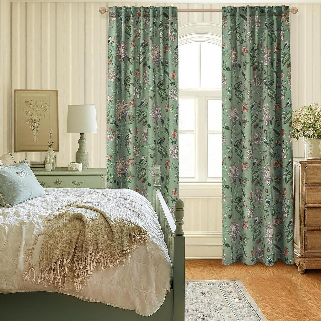 Green and White Curtains 2 Panel Set for Bay Window,70% Blackout Eclectic Art Nouveau Print Floral