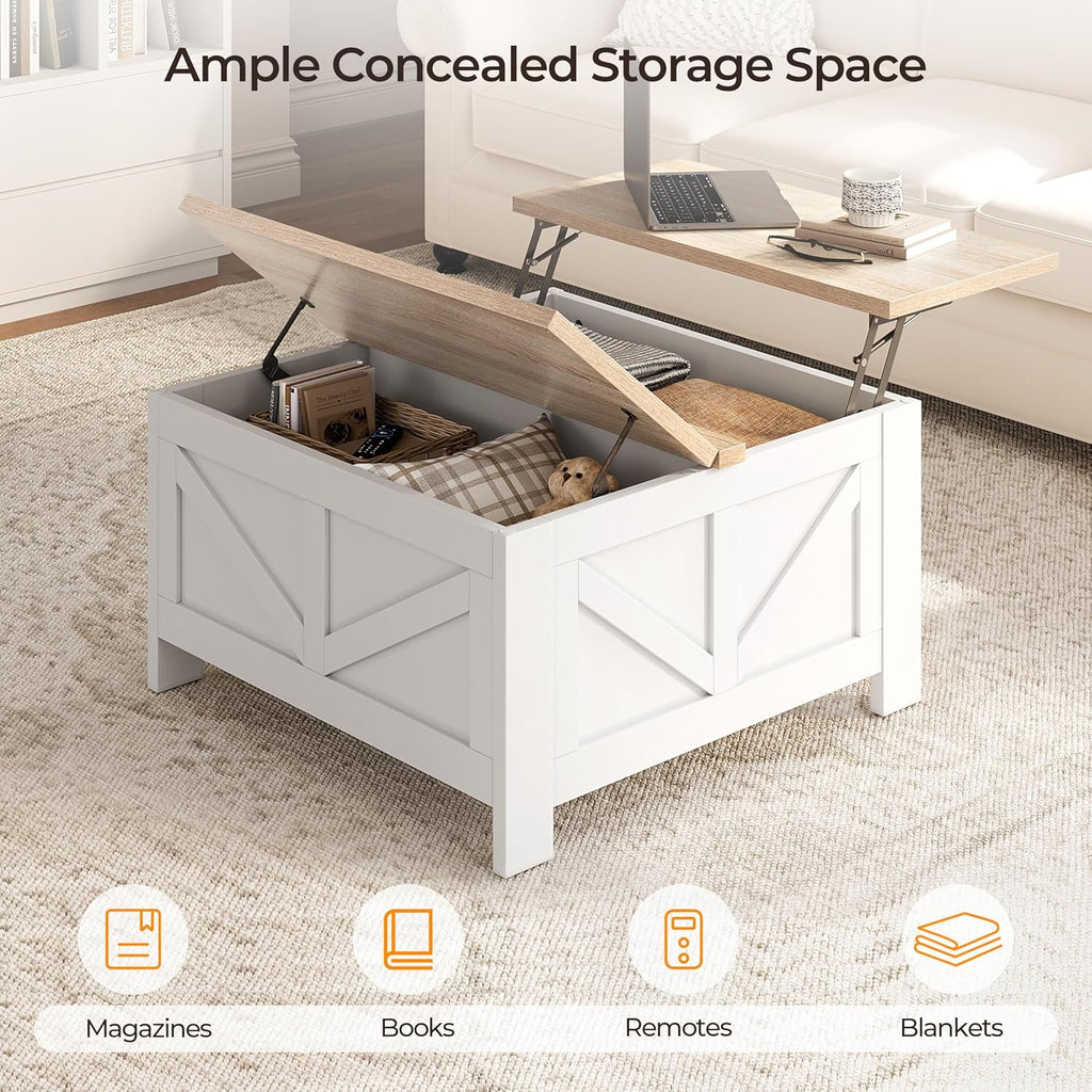 Farmhouse Lift Top Coffee Table with Storage, Square Coffee Table