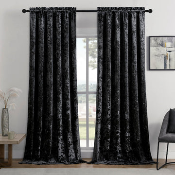 Black Crushed Velvet Curtains 52x96inch Rod Pocket-2P