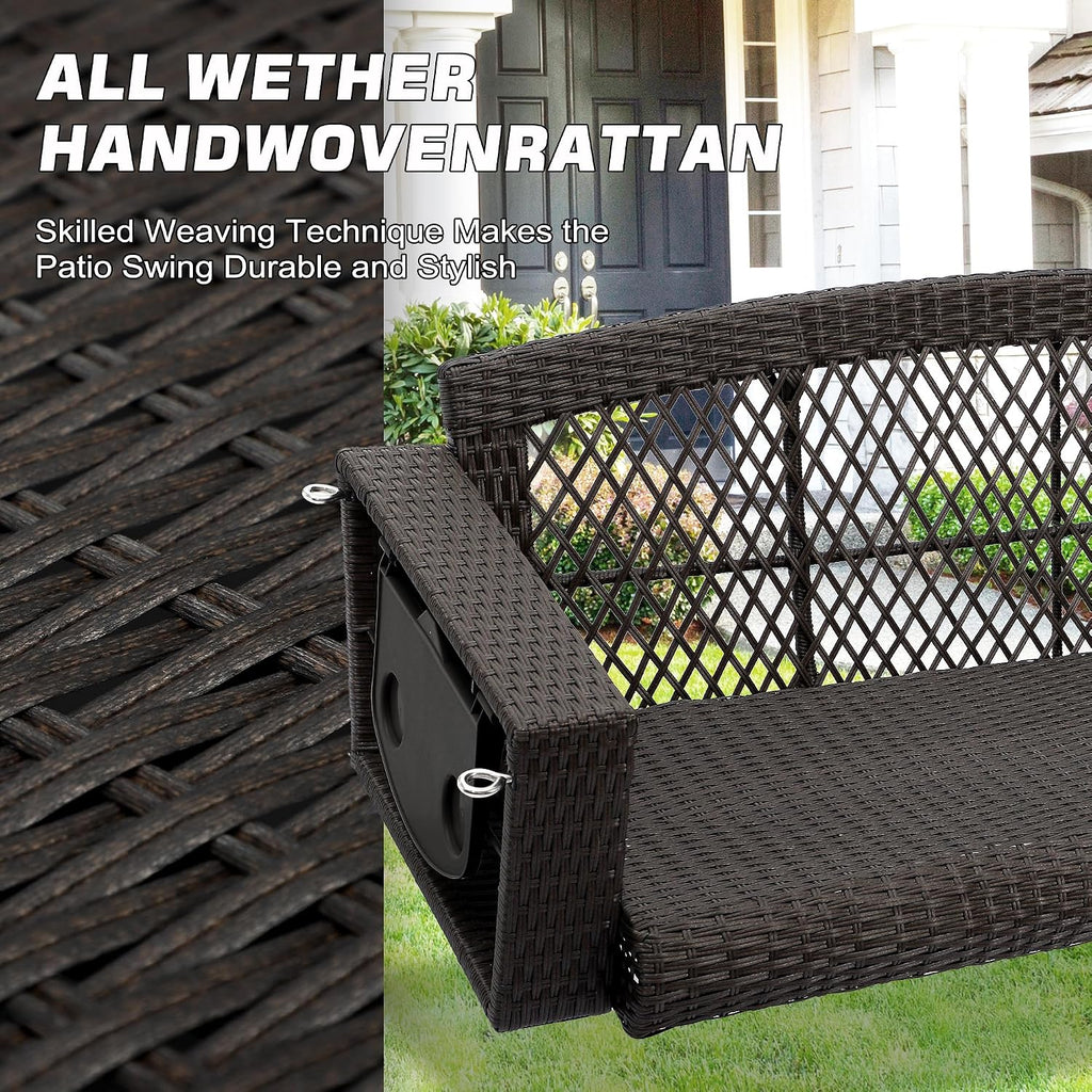 Wicker Hanging Porch Swing - Outdoor 3 Person Patio Swing Bench with Cushion & Chains - 3-Seat Porch Swing Chair with
