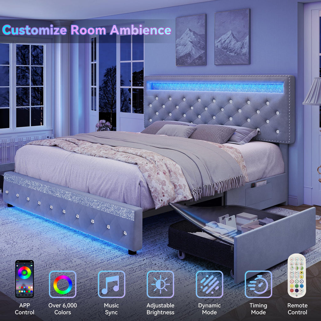 Queen LED Bed Frame with Adjustable Headboard & Drawers, Grey Velvet