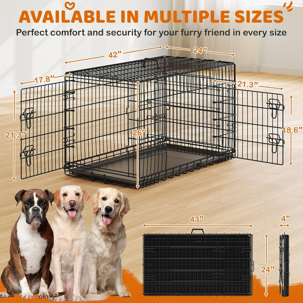 42 inch Double Door Dog Crate w/Divider for Puppy to Adult XL Collapsible Metal Crate with Removable Tray Wire Dog