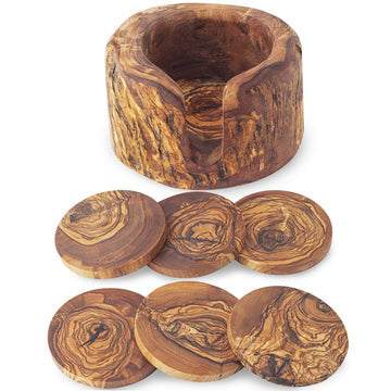 Olive Wood Coasters - Set of 6 - Farmhouse Coaster with Holder & Wedding Decoration - Handmade Cabin Decor Coaster