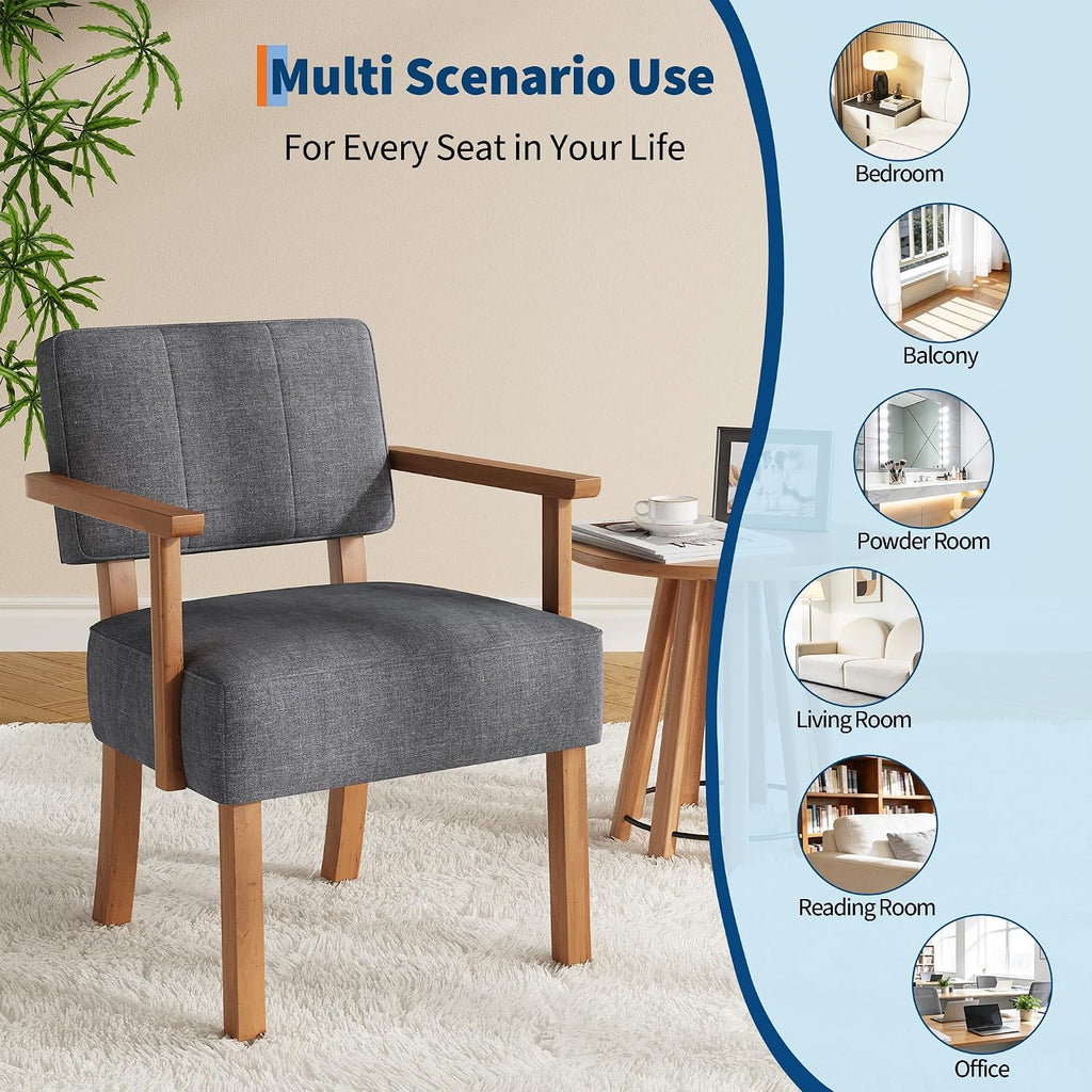 Mid-Century Modern Accent Chair with Soild Wood Frame,Vertical Striped Linen Upholstered Living Room Chair, Reading