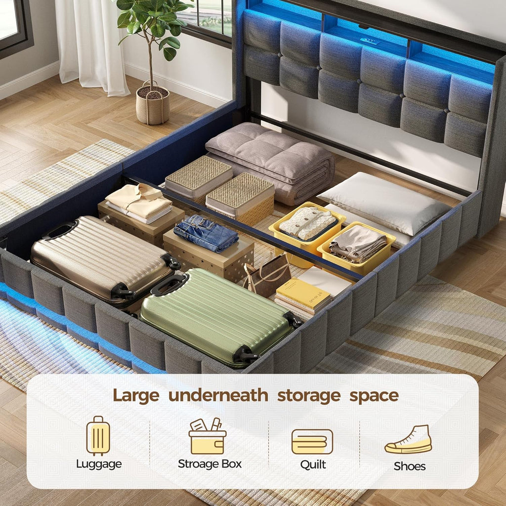 Bed Frame Full with Lift Up Storage, Charging Station & LED Lights, Upholstered Storage Headboard