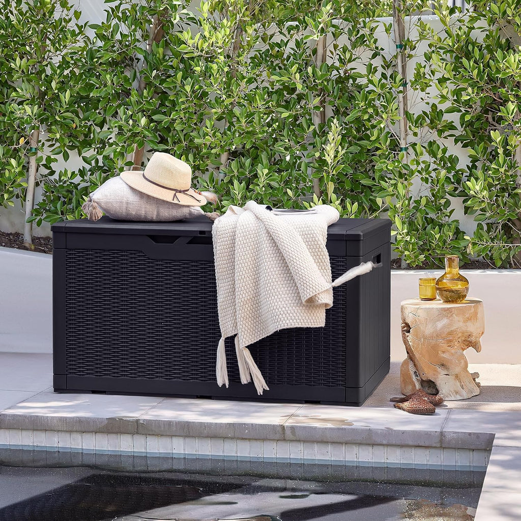 97 Gallon Deck Box, Waterproof Resin Outdoor Storage Box for Outside and Patio, Large Outdoor Storage Bench Cabinet