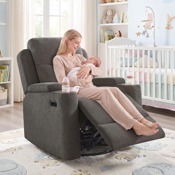 Power Nursery Glider Rocking Chair, Comfy Chenille Grey | 270° Swivel, USB & Type-C Ports, Cup Holder & Armrest