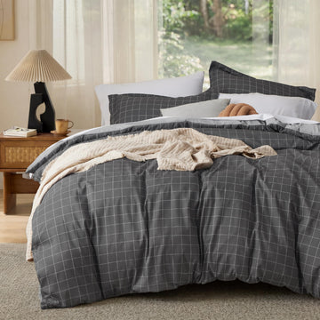 Duvet Cover - Reversible Plaid Duvet Cover Set with Zipper Closure, 2 Pieces Dark Grey Bedding Set with 8