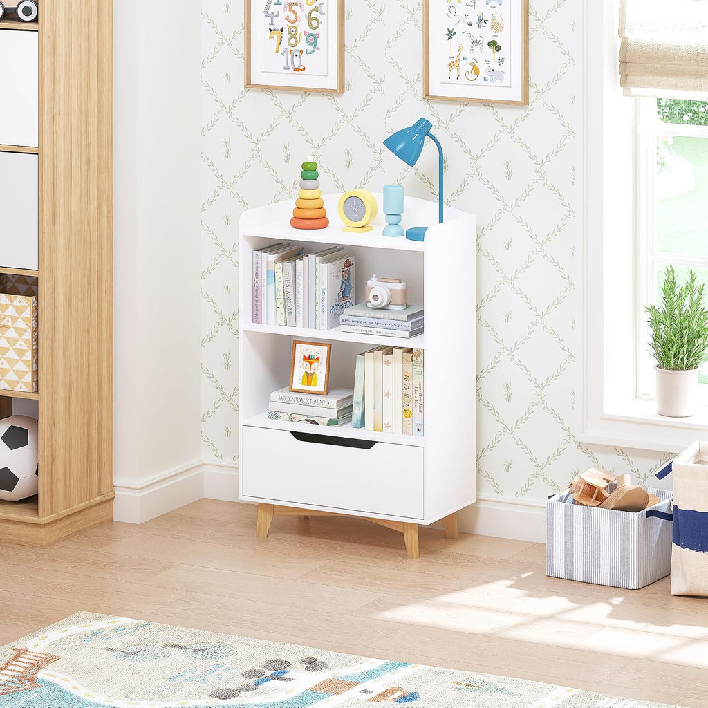 Kids Bookshelf, Children Bookcases with Drawer, Toy Storage Organizer | Corner Book Shelf for Kids Rooms, Solid Wood