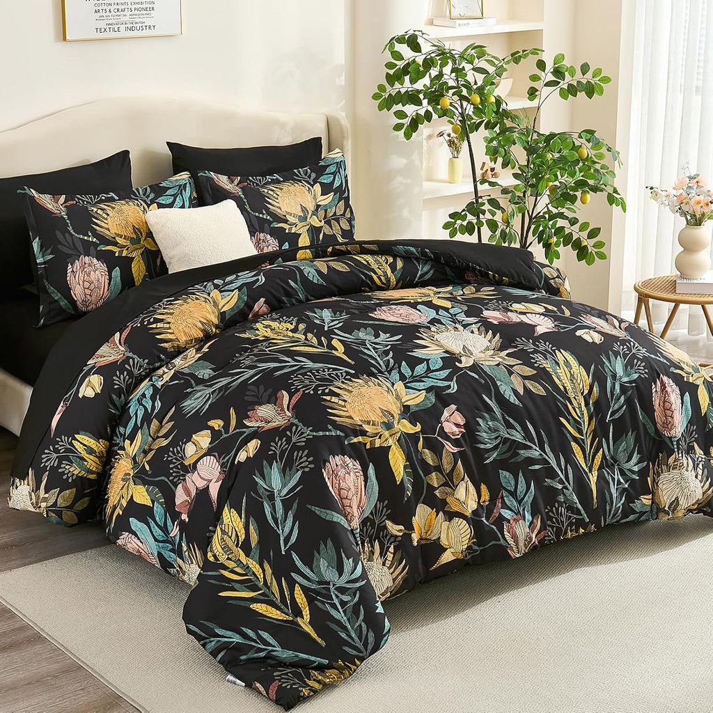 Comforter Set 7 Pieces Bedding Sets, Black Floral Comforter and Sheet Set