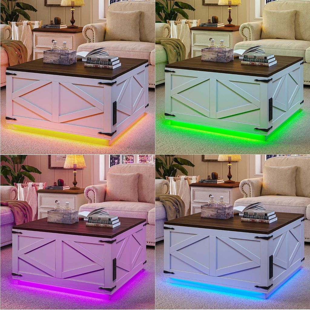 Farmhouse Lift Top Coffee Table, Square Wood Center Table with LED Lighting, USB-C Charging Station