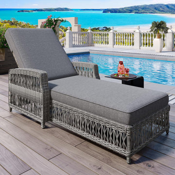 Patio Lounge Chair, Outdoor Rattan Chaise Lounge with 4 Adjustable Backrest and Armrests, All Weather Wicker