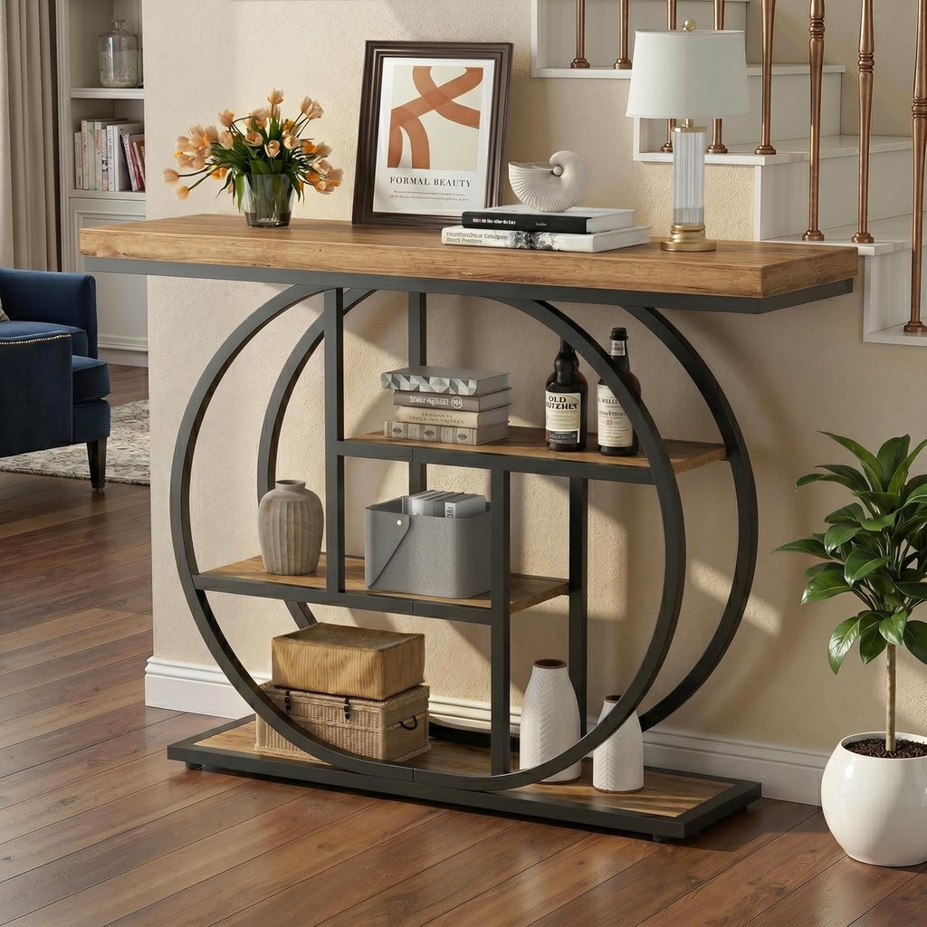 41.3" Console Table with Storage, Industrial Entryway Table, 4-Tier Shelves Sofa Table Behind Couch, Narrow Wood