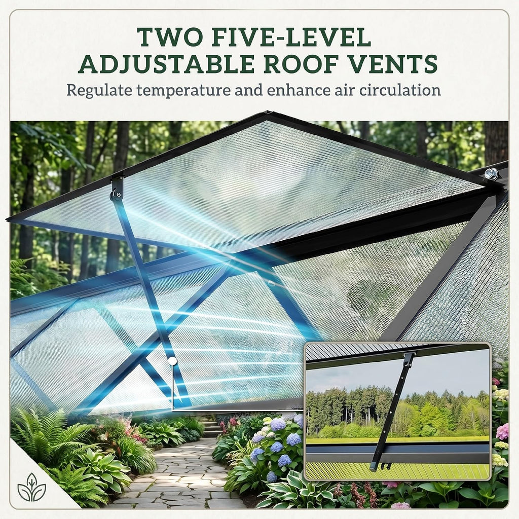 11x6 ft Polycarbonate Greenhouse with Swing Door, Black | Two Adjustable Roof Vents, Aluminum Walk-in Hothouse