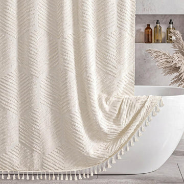 Cream White Boho Shower Curtain 72 x 72'' Neutral Textured Shower Curtain Woven Fabric Bathroom Curtains with Tassel