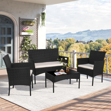 4 Piece Outdoor Patio Furniture Sets, Small Wicker Patio Conversation Furniture Rattan Chair Set with Tempered Glass