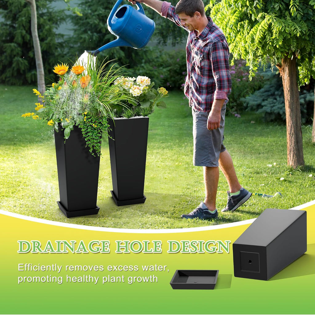 24-Inch Tall Planters for Outdoor Plants, Set of 2, Black | Square tapered planters with drainage trays for front