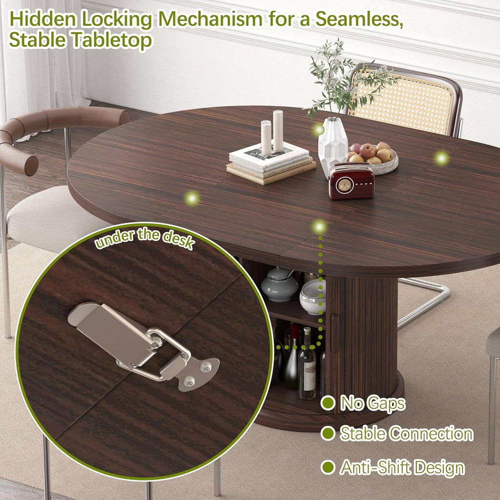 47.2" - 63" Extendable Dining Room Table for 4 - 8, Round‑to‑Oval Expandable Wood Table with Dust‑Proof 2‑Tier