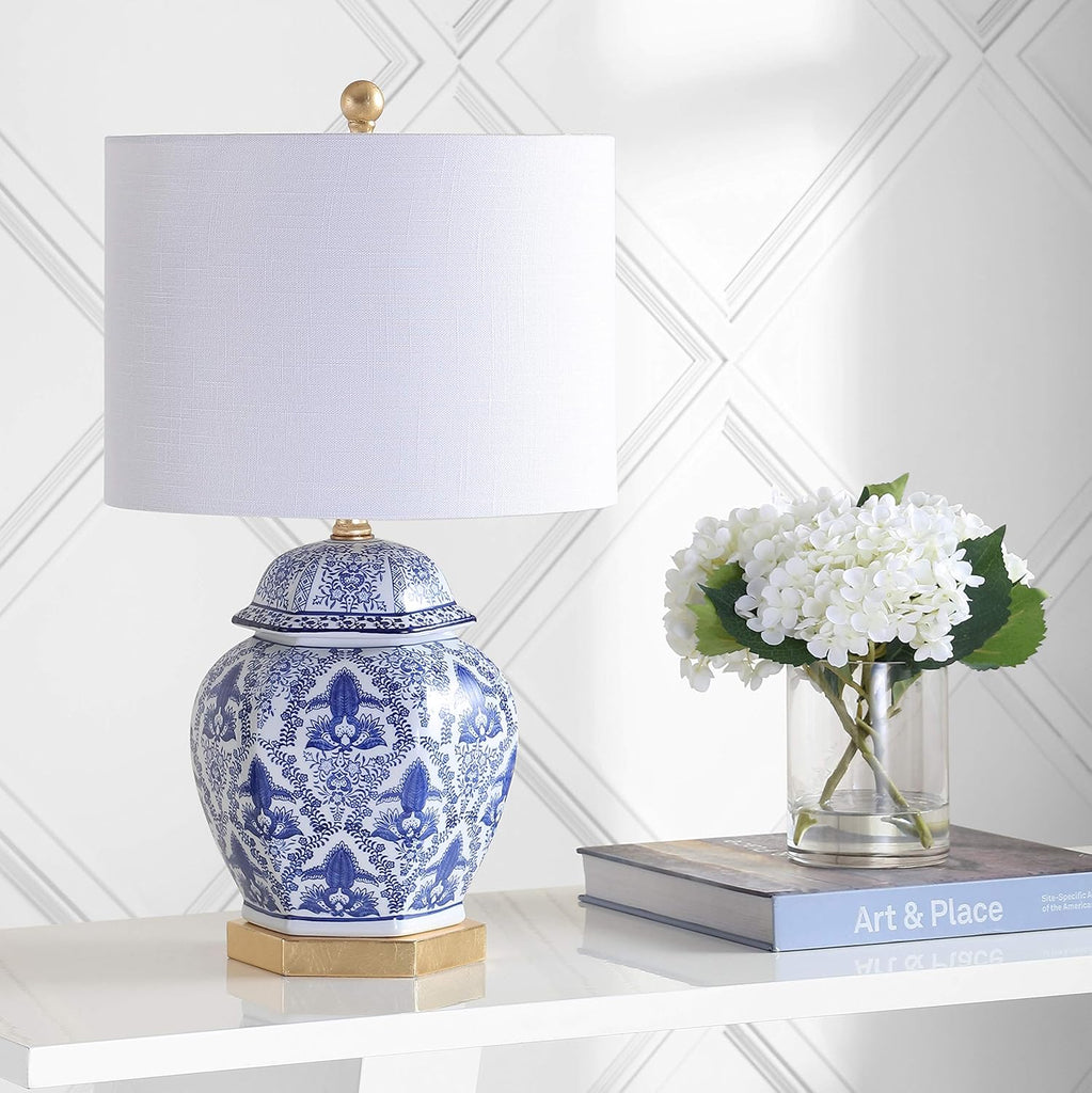 25" Blue/White Classic Traditional Ginger Jar Ceramic LED Table Lamp, Chinoiserie Table Lamp Bedroom, Gold Base