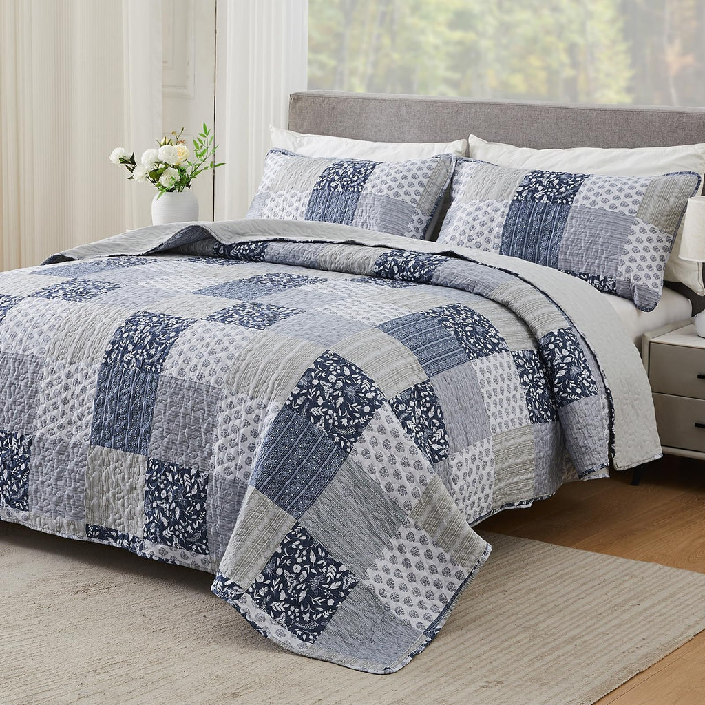 Navy Blue Gray Quilt Set 128x120, 3 Piece Quilted Bedspread Set Patchwork Plaid Bedding Comforter Set