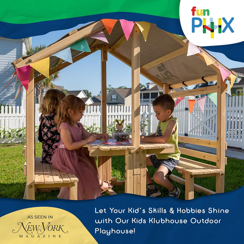 Playhouse - Kids Klubhouse Wooden Playhouse with Table & Benches - Multifunctional Toy for Fun Play & Learning