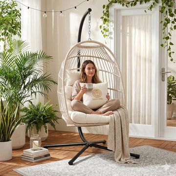 Foldable Hanging Egg Chair with Stand and Pillow, HDPE Rattan and Heavy Duty Aluminum-Steel Frame, Outdoor Patio