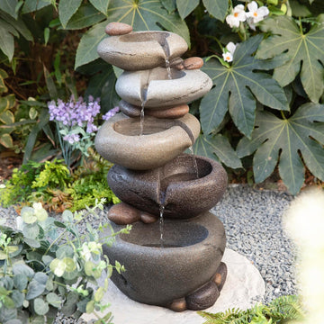 Water Fountain Outdoor, 5-Tiered Stacked Pebbles Outdoor Fountain with LED Lights and Pump, 24.5" H Zen Style