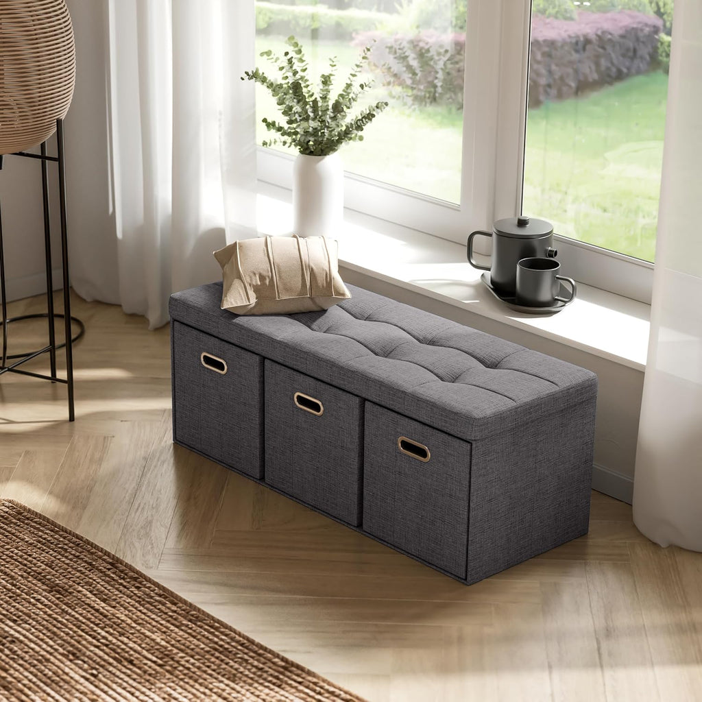 40 Inch Storage Ottoman with 3 Drawers, Tufted Linen, Dark Gray | Foldable Large Bench Design; Foot Rest Stool Seat;