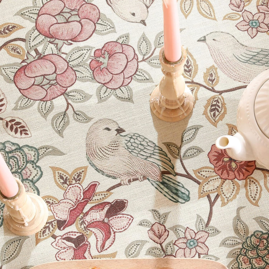 Designer Pink Linen Table Cloth for Rectangle Table,Vintage Floral with Birds Pattern Decorative Tab
