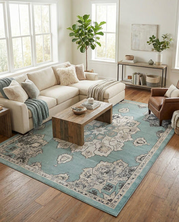 Parker Rug - Aqua Easy-Clean Rug - Vintage Medallion for Living Rooms, Dining Rooms, and Large Spaces