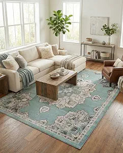 Parker Rug - 10' x 13' Aqua Easy-Clean Rug - Vintage Medallion for Living Rooms, Dining Rooms, and Large Spaces