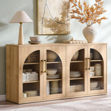 Glass Arched Door Sideboard Buffet Cabinet Set of 2, Accent Cabinet with Adjustable Shelf