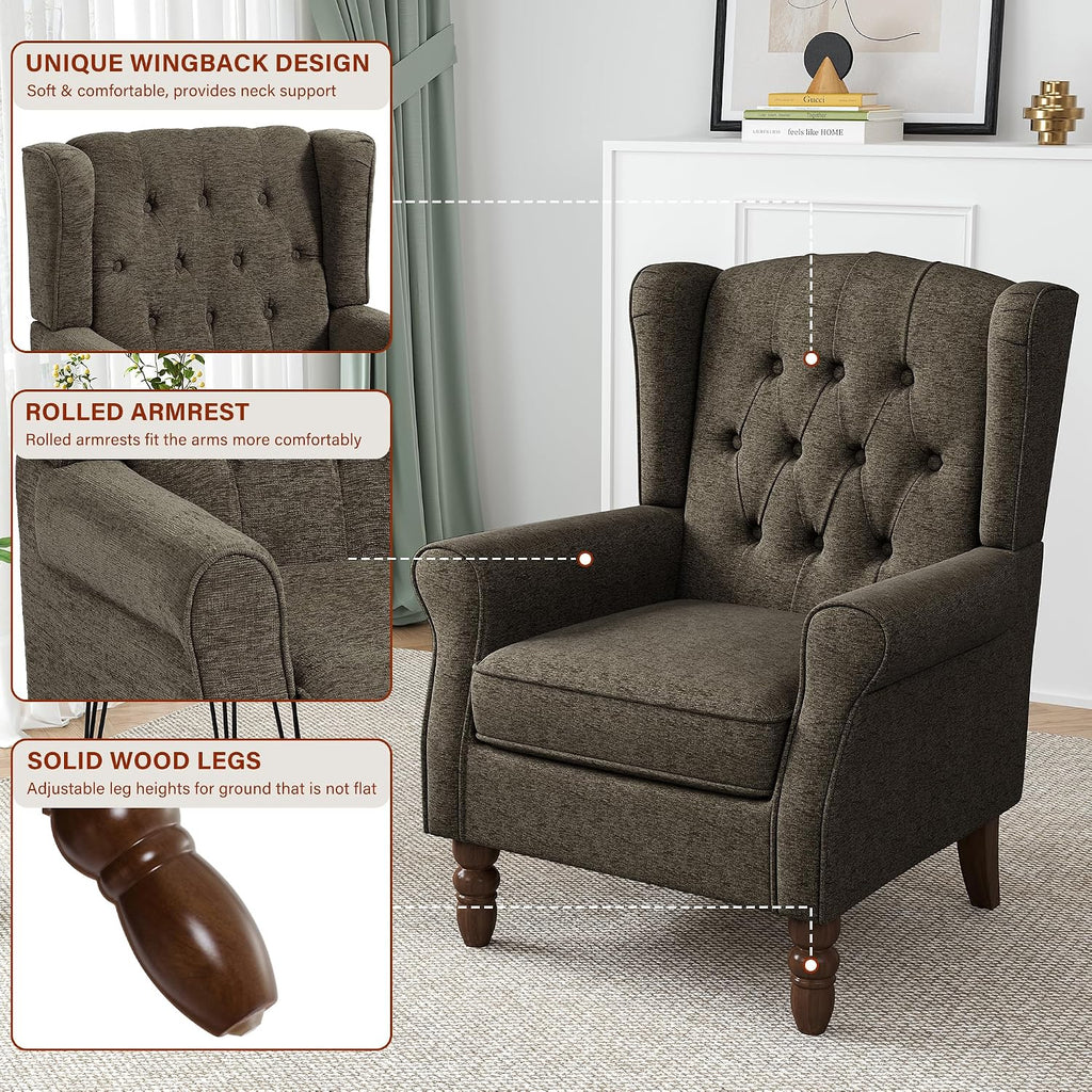 High Back Accent Chair, Tufted Wingback Chair , Taupe | Button-Tufted Upholstered Armchair with Solid Wood Legs
