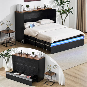 Full Murphy Bed with Storage Drawer,Smart LED Lighting,Built-in 2 Charging Stations, Space-Saving Cabinet Bed for