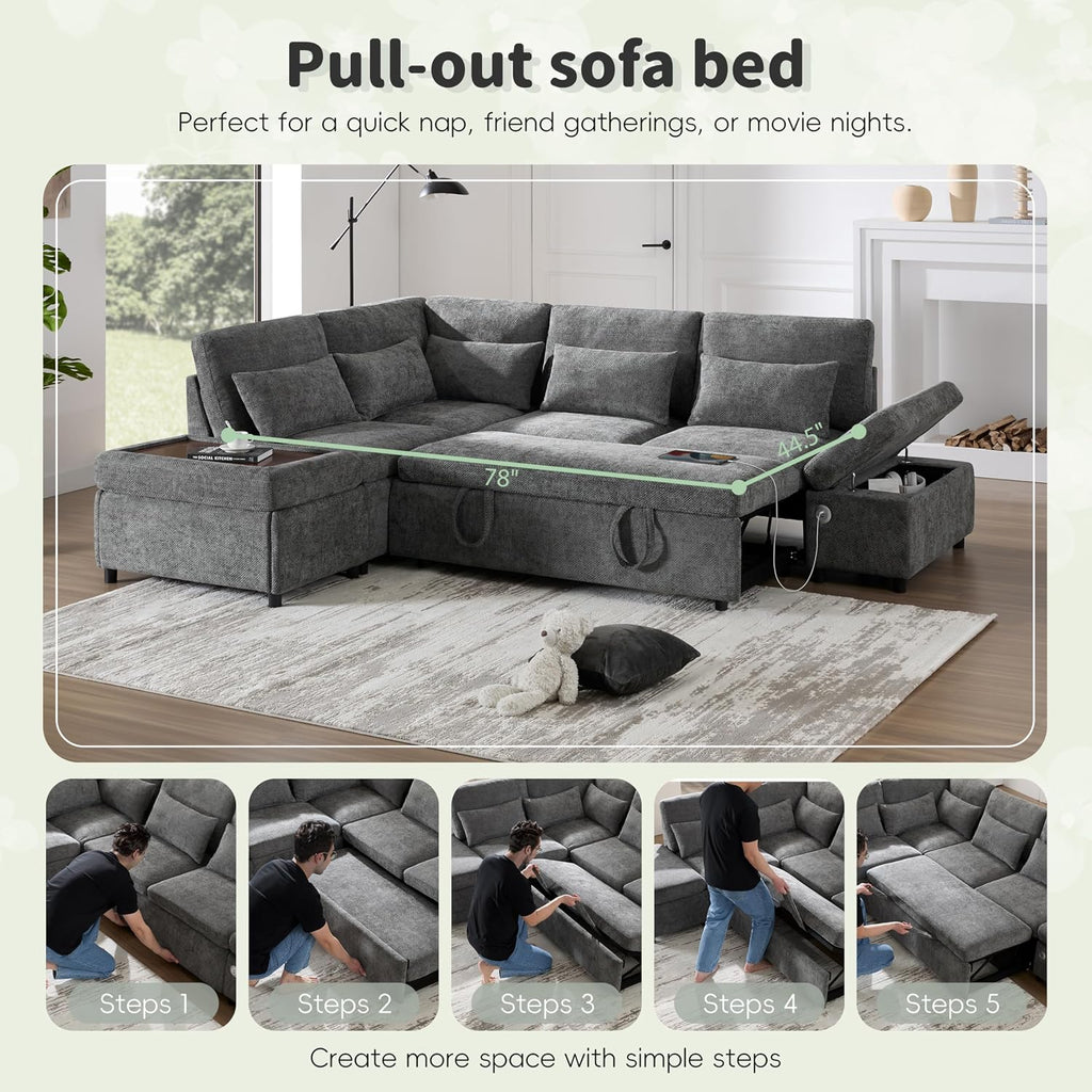 107'' L Shape Modular Sectional Pull-Out Sofa with Wide Seats & Movement Storage Ottoman & USB & Adjustable Armrests