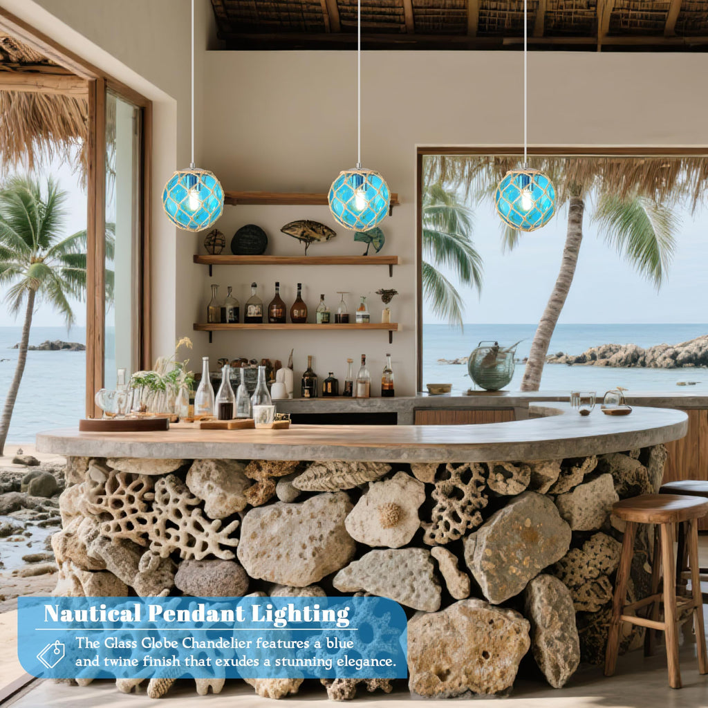 6" Blue Coastal Pendant Light Kitchen Island, Glass Globe Ocean Ceiling Light Fixture Beach House, Dimmable Hemp Rope
