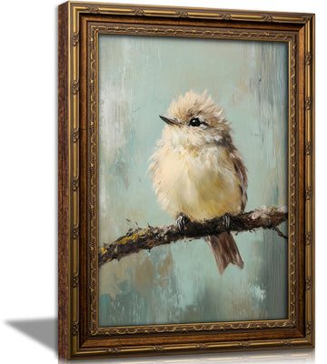 Vintage Gold Framed Bird Canvas Wall Art, Sparrow on Branch Wall Decor painting, Retro Neutral Little Bird Pictures