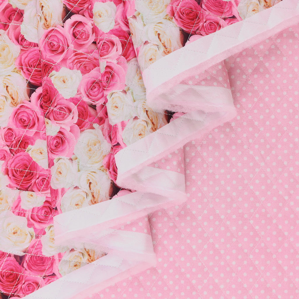 Double Faced Quilted Cotton, Roses/Dots Pink/White