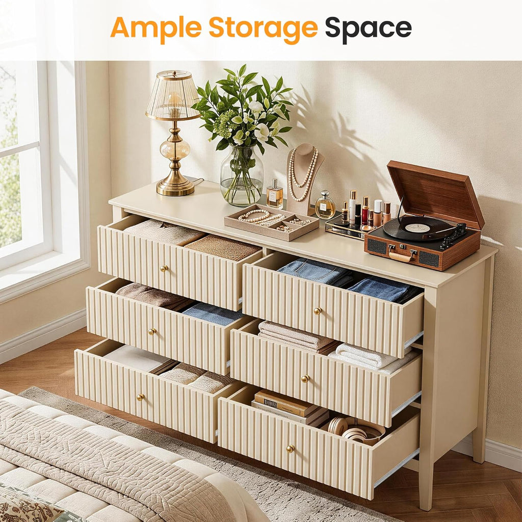 Beige 6 Drawer Dresser, Fluted Modern Wood Chest of Drawers, Long Dresser TV Stand Storage Cabinet