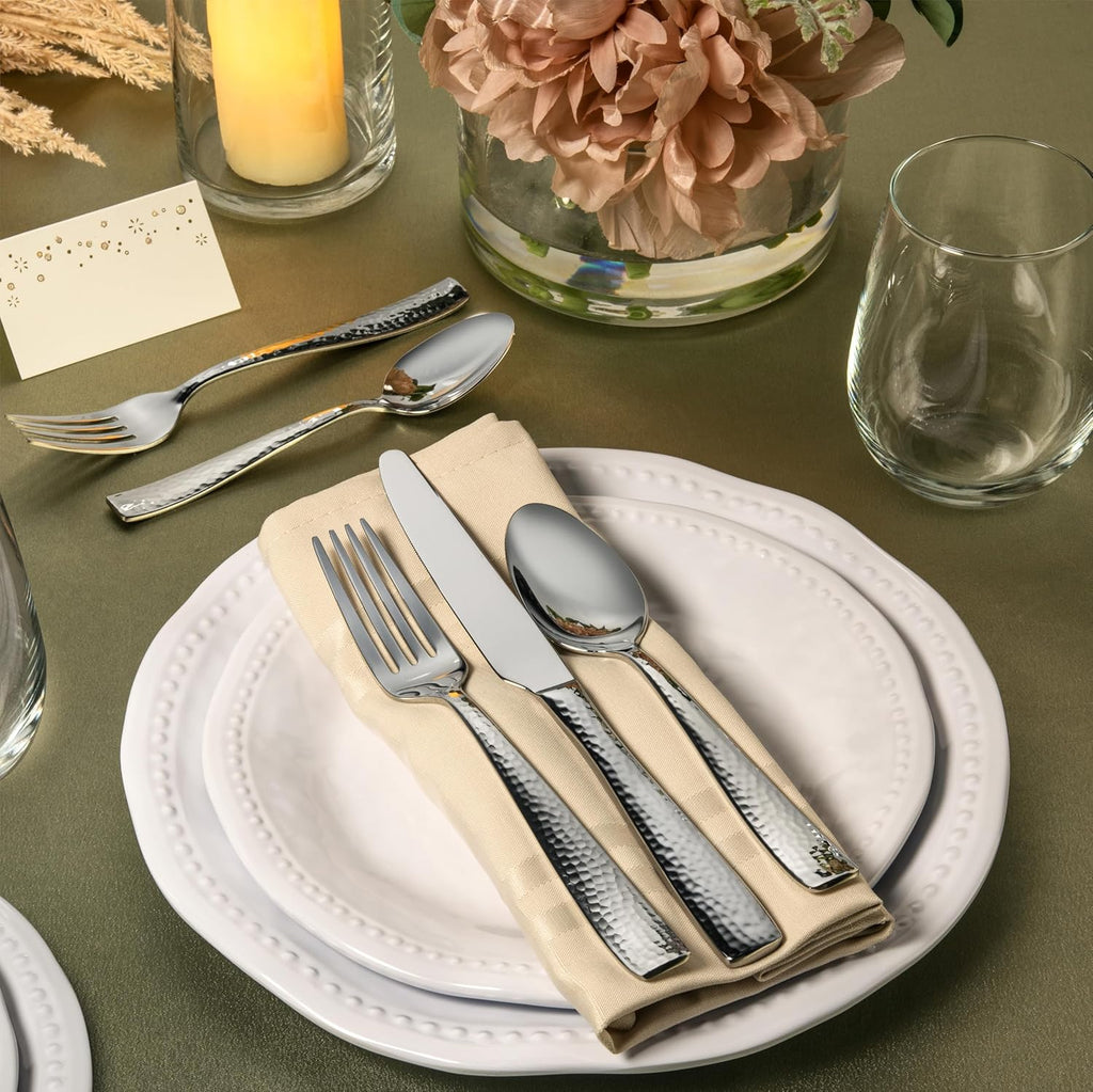 89-Piece Hammered 18/10 Stainless Steel Silverware Cutlery Set with Serving Set, Flatware Service for 12