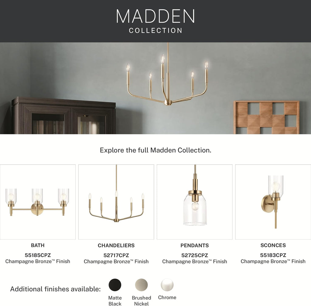 Madden 1-Light Bathroom Wall Sconce Light Fixture with Clear Glass in Champagne Bronze, Modern Vanity Lighting