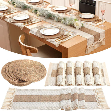 Boho Placemats 4/6/8 Set of Round Woven Placemat Macrame Style Bicolor Stitching Long Table Runner Farmhouse Rustic