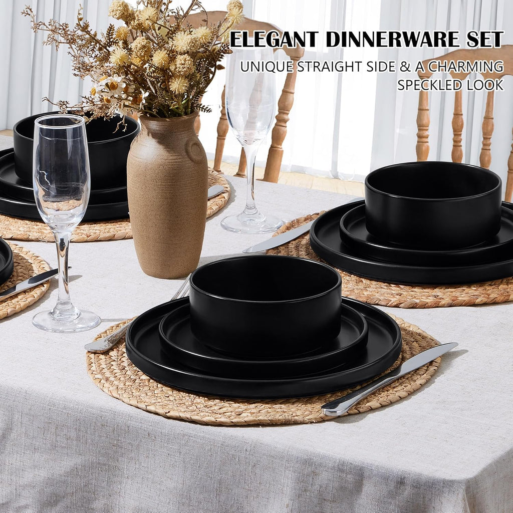 Stoneware Dinnerware Sets, 12-Piece Plates and Bowls Dish Set for 4, Kitchen Modern Dinning Ware