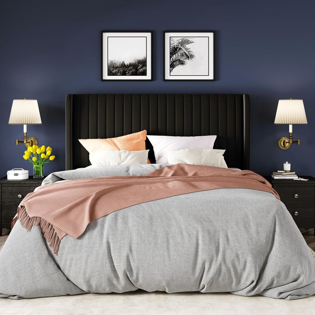 Full Velvet Bed Frame/Vertical Channel Tufted Wingback Headboard/Upholstered Platform Bed/Strong Wooden Slats/No Box