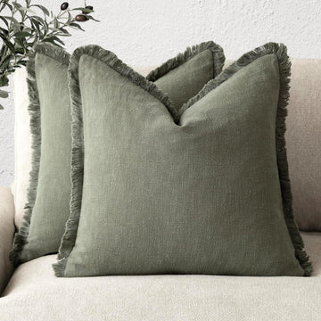 Set of 2 Decorative Linen Fringe Throw Pillow Covers Cozy Boho Farmhouse Cushion Cover with Tassels Soft Accent