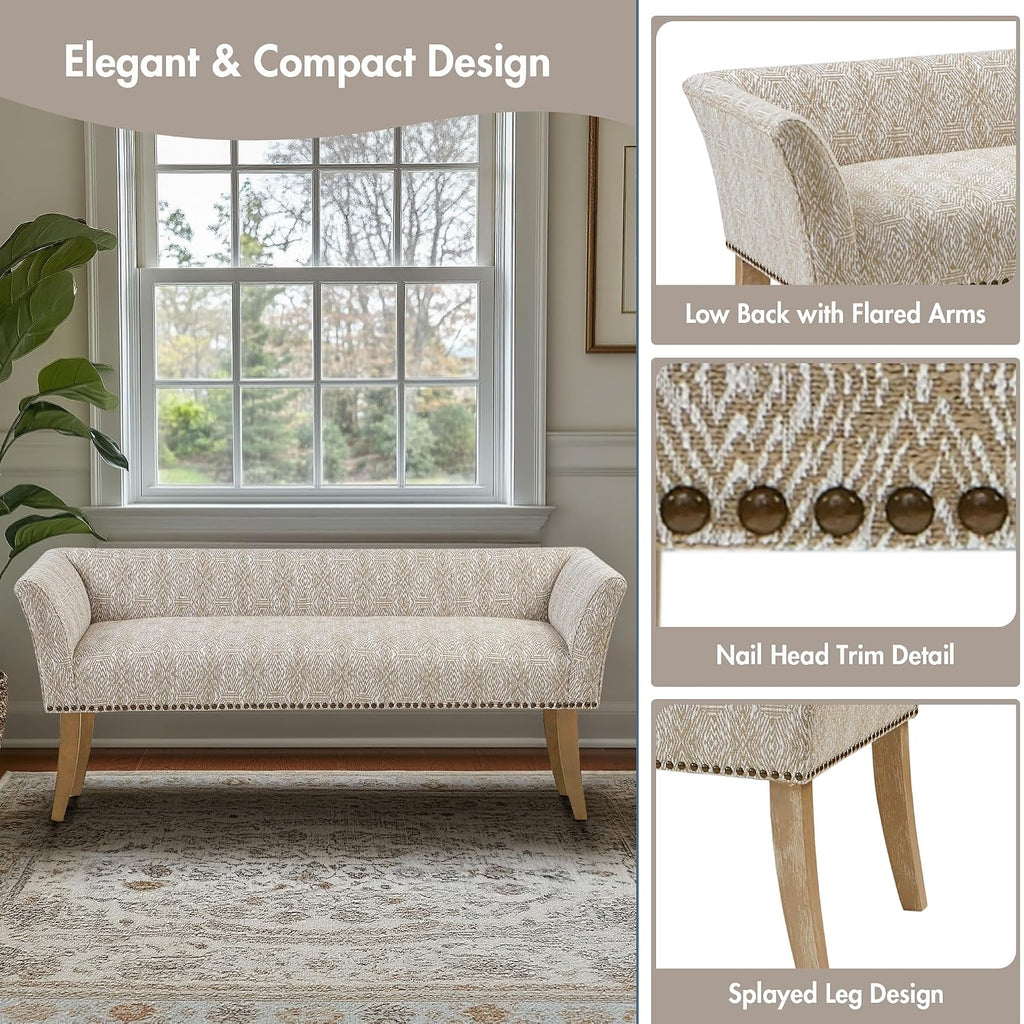 Accent Bench , Upholstered with Nailhead Trim, & Padded Seat Entryway Bench Small, End of Bed Bench with Back, 49.5"